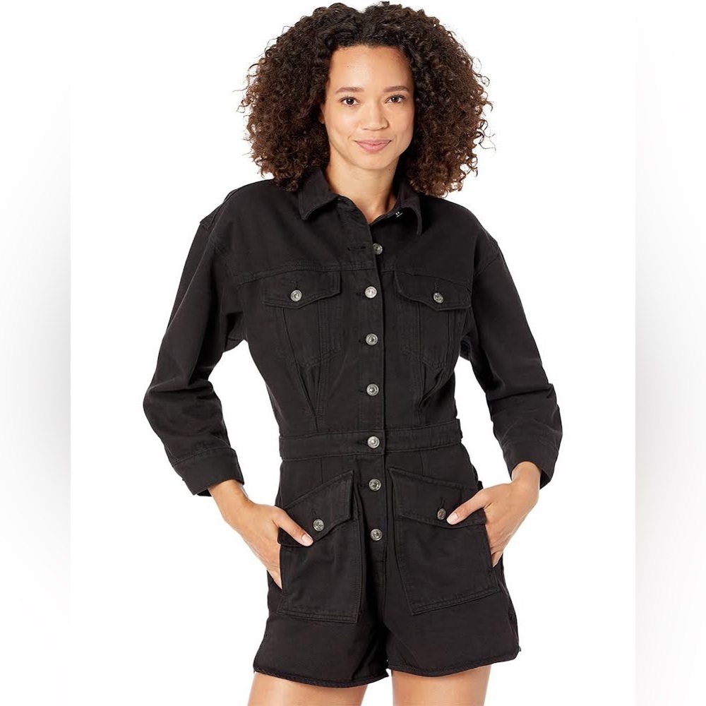 7 For All Mankind Black Denim Button-Down Romper with pockets 100% Cotton